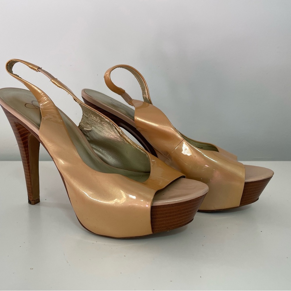 Jessica Simpson Nude Peep Toe Patent Leather Platform High Heel Shoes Size 8